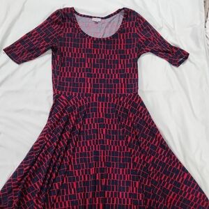 LuLaRoe Nicole Red and Blue Geometric Midi Dress